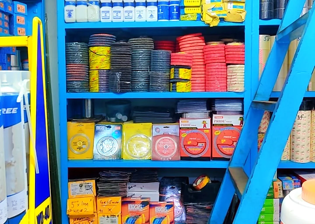 Cutting discs, grinding wheels and blades on the shelves at Al Abbas Hardware Mart