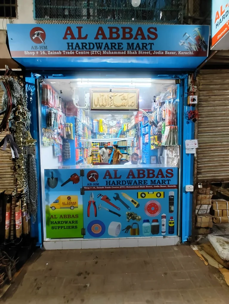 Al Abbas Hardware Mart shop front, Zainab Trade Centre, Jodia Bazar, Karachi